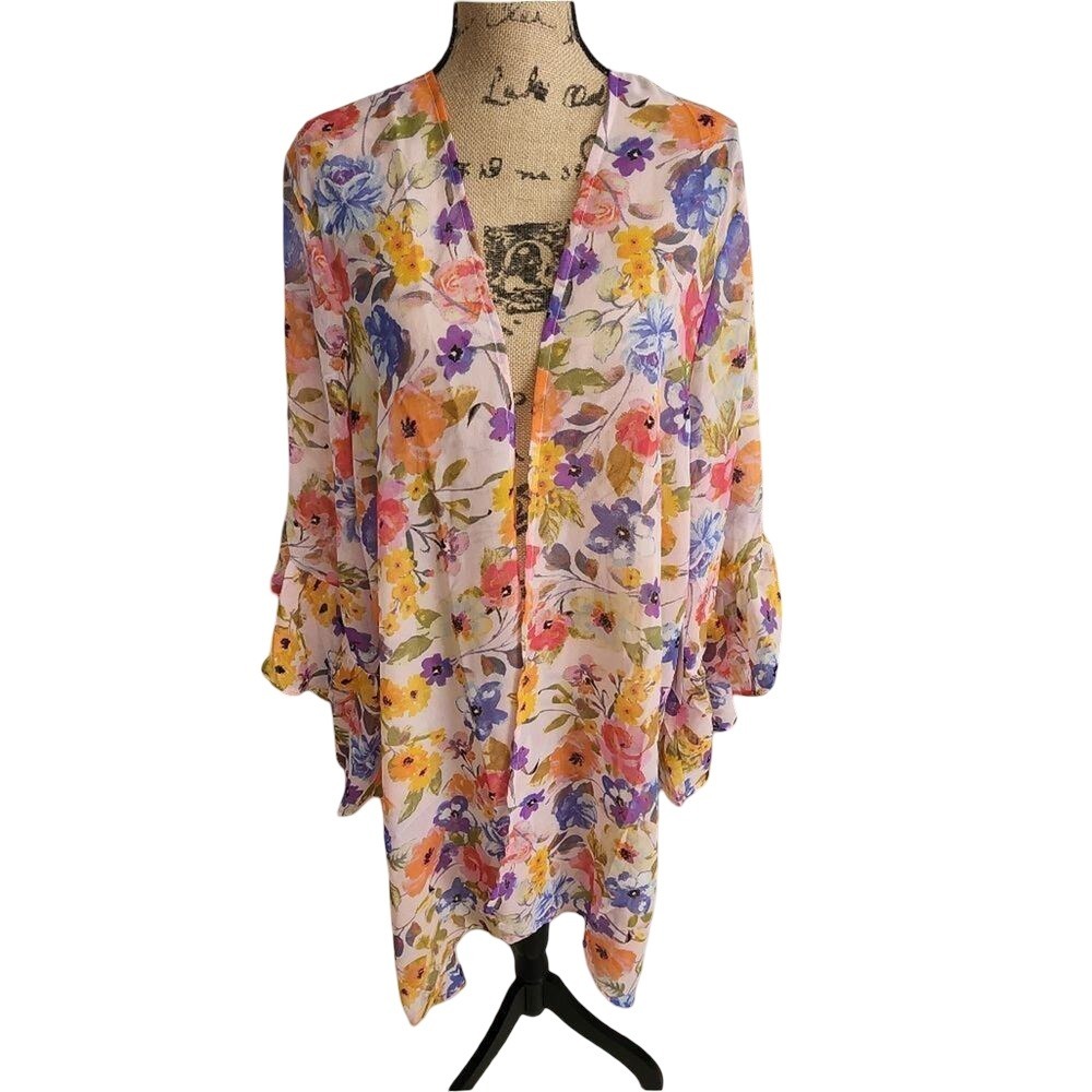 Live 4 Truth Womens 2X Floral Duster Cardigan Ruffle‎ Sleeve Chiffon Kimono Pink